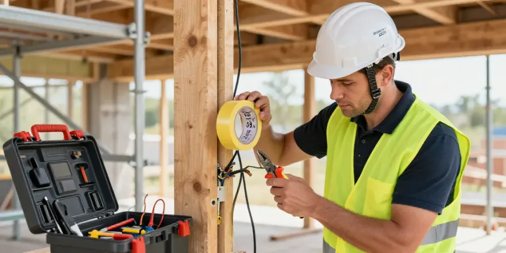 Electrician using Super33 Daftar to secure wires at construction site with tools and bright lighting.