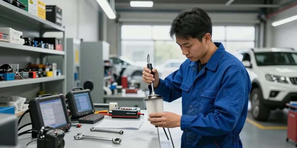 Expert mechanic performing dpf reinigen in an automotive workshop.
