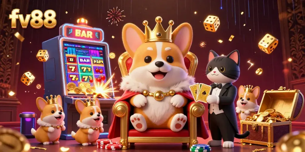 Engage with the immersive FV88 casino experience featuring a majestic royal corgi in a vibrant 3D illustration.