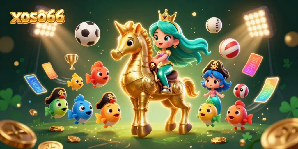 Xoso66 casino illustration featuring a mermaid princess, golden seahorse, and sports elements.