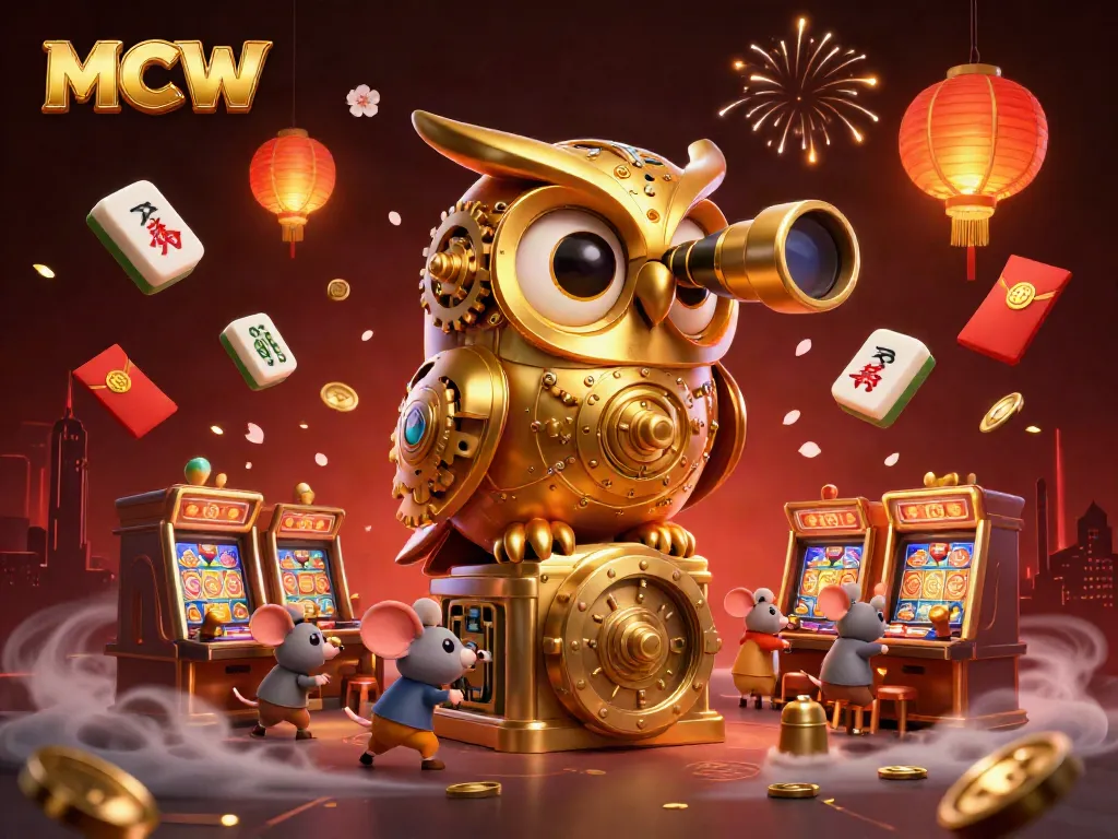 Experience thrilling gaming at MCW, with a vibrant casino scene illustrated, showcasing lively characters and elements.
