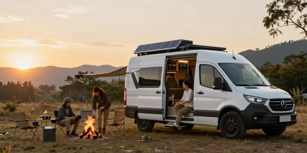 Lithium RV batteries powering an outdoor camper van setup during sunset.