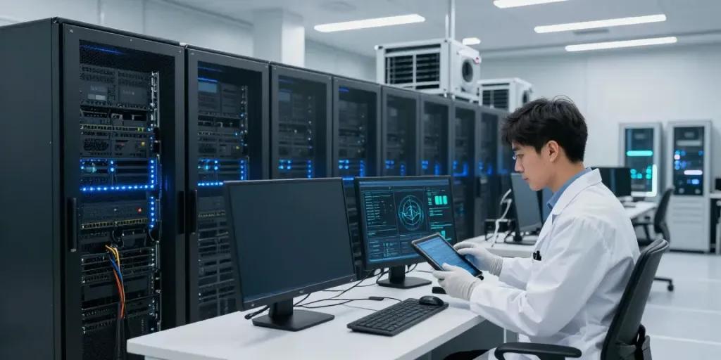 AI infrastructure in a modern data center with GPU servers and a technician analyzing performance metrics.