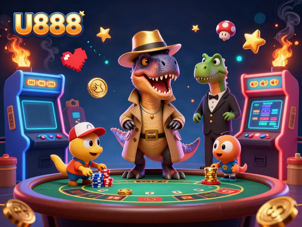 Engage with U888 at a vibrant blackjack table featuring a cartoon velociraptor card counter in action.