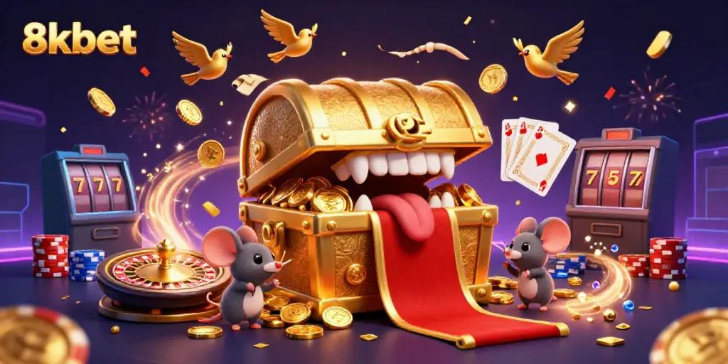 Engaging 3D illustration of 8xbet's exciting casino environment with treasure chest and interactive gaming elements.
