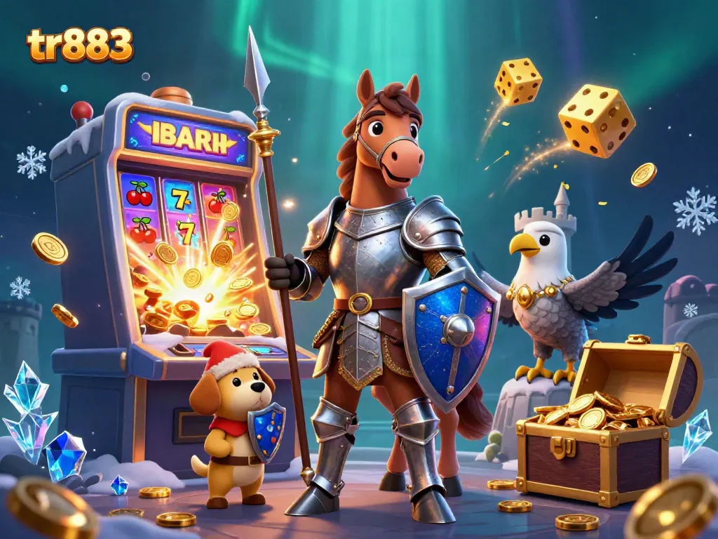 Engage in fun with tr883's exciting slot game characters showcasing a knight, puppy, and falcon amidst a jackpot explosion.