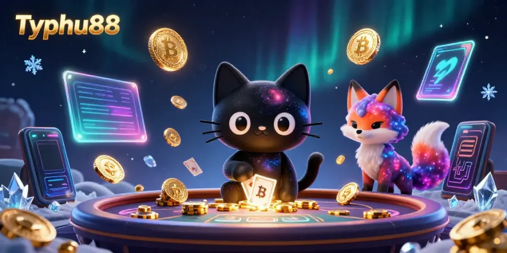 Engage in thrilling cosmic games at Typhu88, featuring a black hole cat and colorful nebula fox amidst vibrant casino elements.