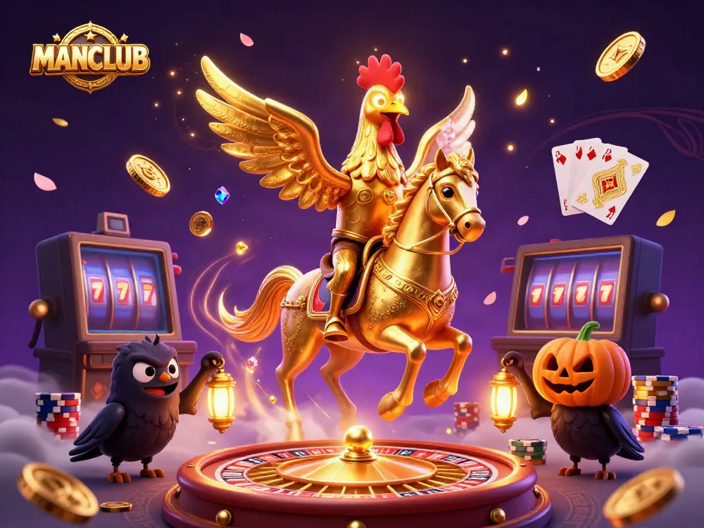 Engage in thrilling casino action with the MANCLUB golden rooster surrounded by vibrant gaming elements.