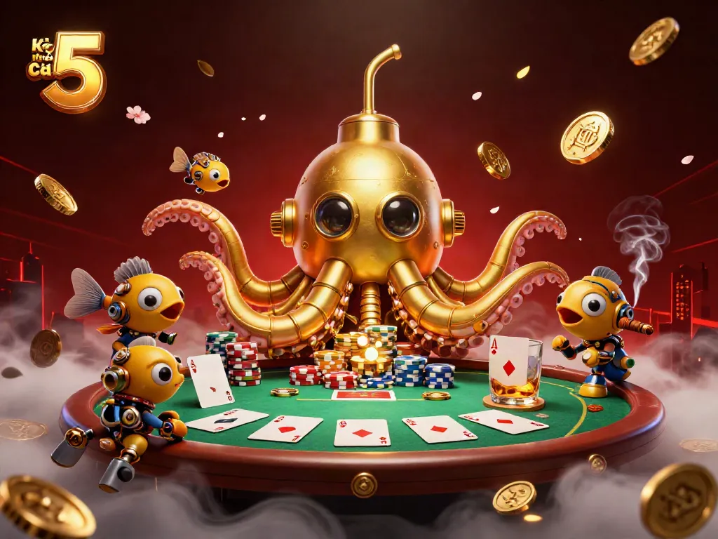 Kèo Nhà Cái 5 showcases a golden kraken submarine amidst poker excitement, surrounded by winnings.