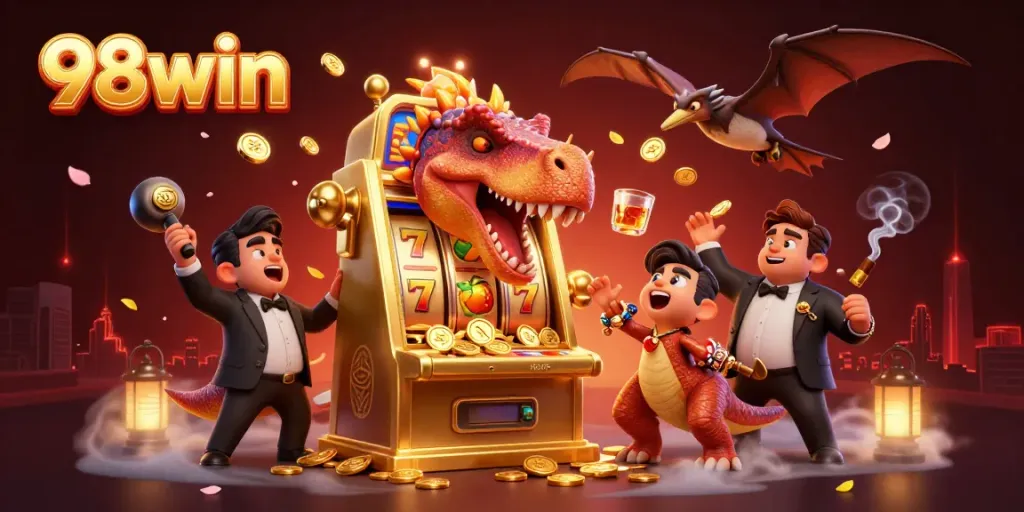 98win players enjoying thrilling jackpot moments as a pachycephalosaurus interacts with a golden slot machine.
