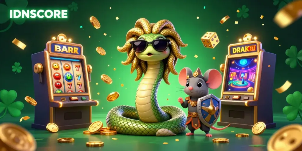 IDNSCORE showcases a fun Medusa and a warrior mouse amidst vibrant slot machines and casino elements.