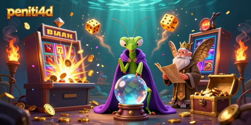 Pemain meraih jackpot di peniti4d dengan slot machine penuh koin dan simbol keberuntungan.