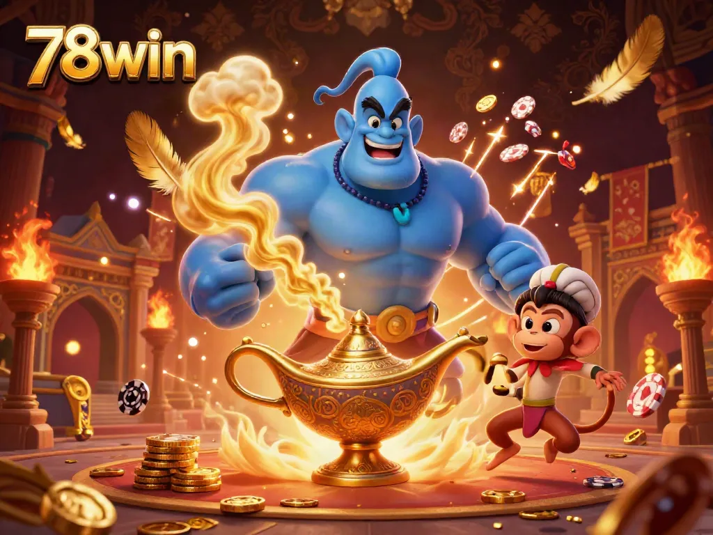 Engage with the thrilling atmosphere of 78win casino as a genie bursts forth, scattering betting tokens and bonuses.