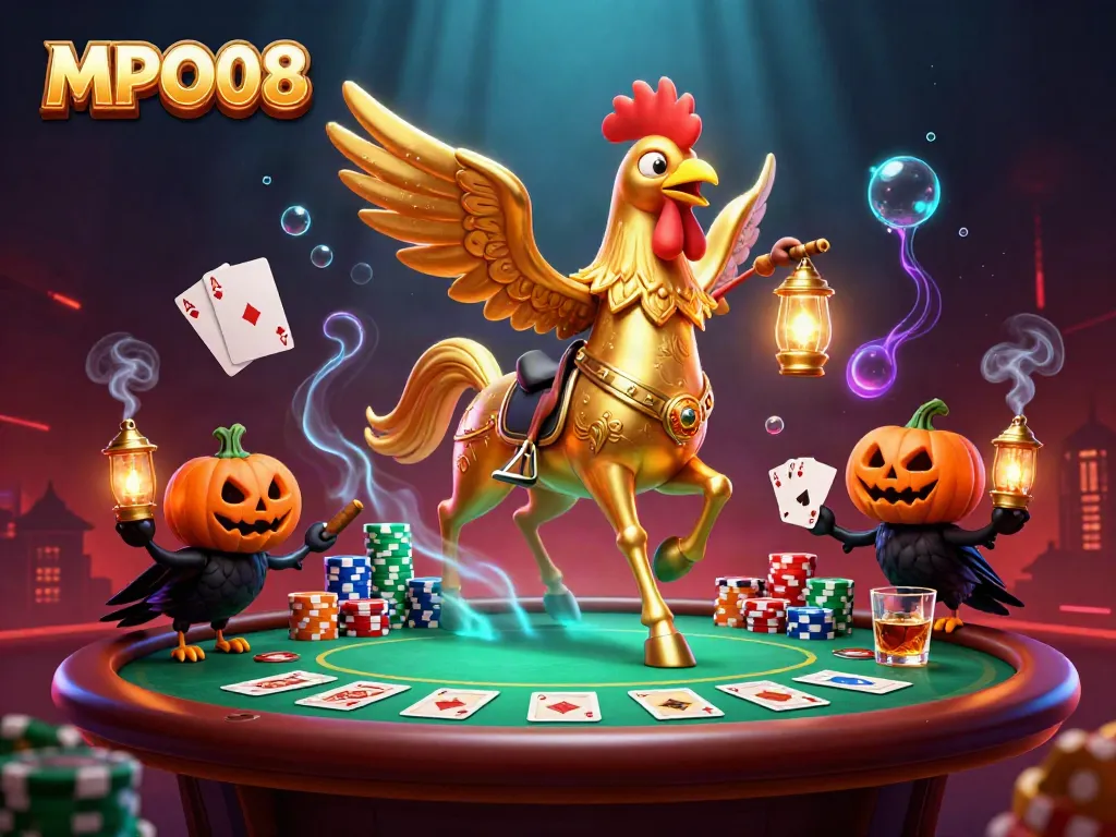 Engage with MPO08's vibrant casino world featuring iconic characters, poker chips, and energetic gameplay.