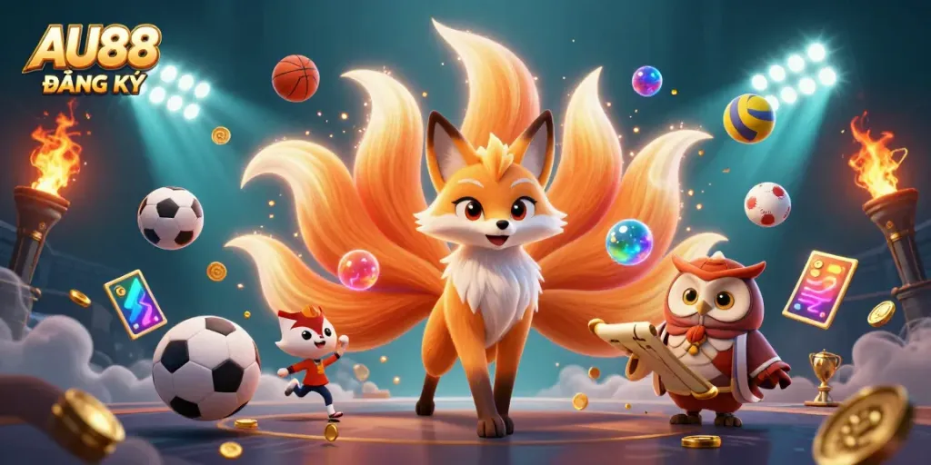 Experience AU88 ĐĂNG KÝ with vibrant gaming elements and dynamic characters in a captivating 3D illustration.