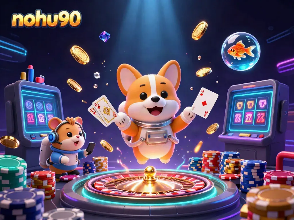Nohu90 brings excitement as a cartoon corgi astronaut plays in a cosmic casino environment.