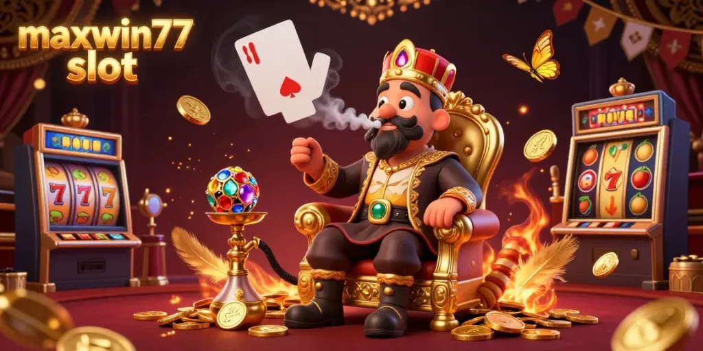 Experience the maxwin77 slot adventure with a magical caterpillar master in a vibrant casino setting.
