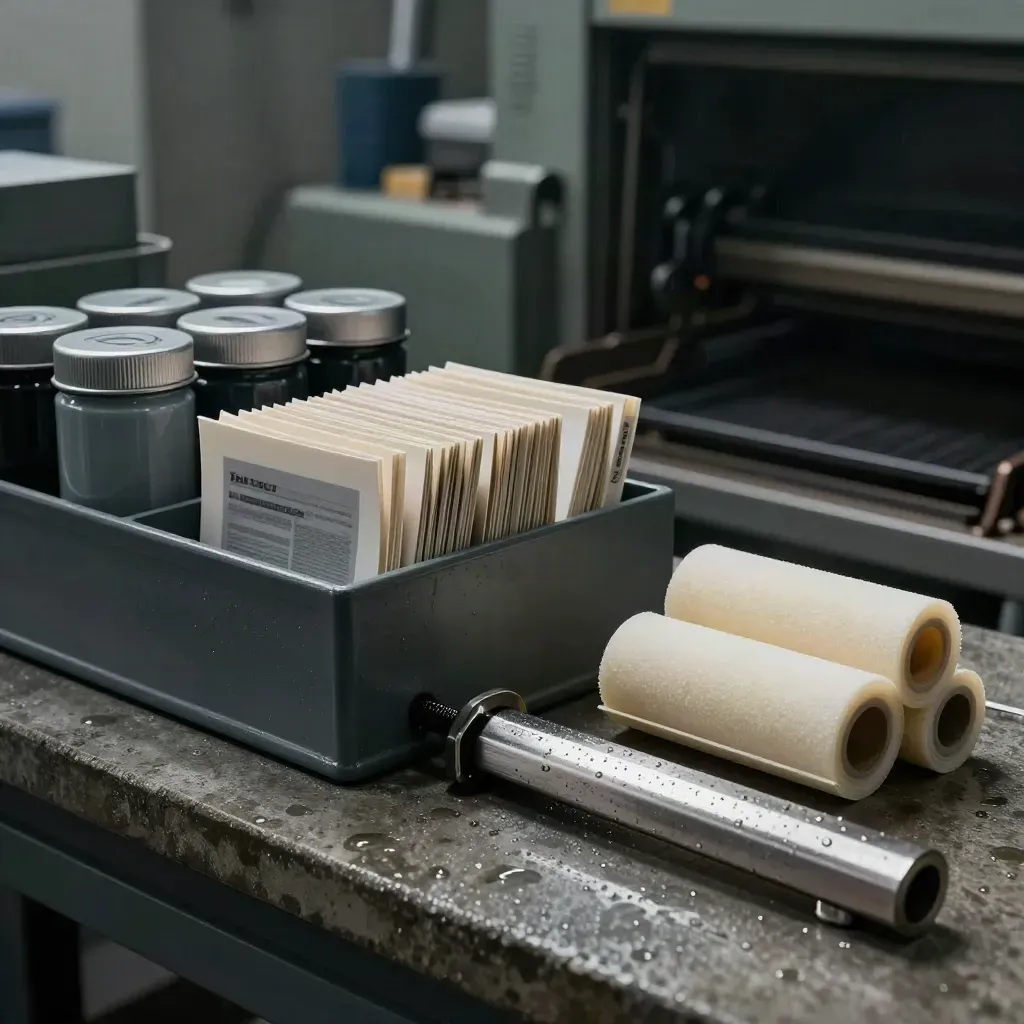 Press-room still life with ink tins, proof sleeves, roller cores and a steel registration bar in moody light.