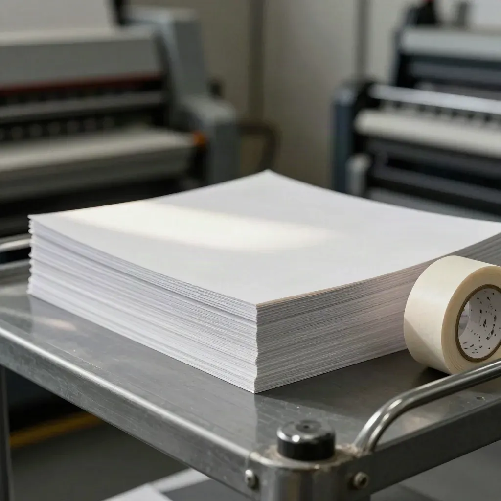 Bound signatures, paper cores, linen tape and a corner weight on a grey bindery cart.