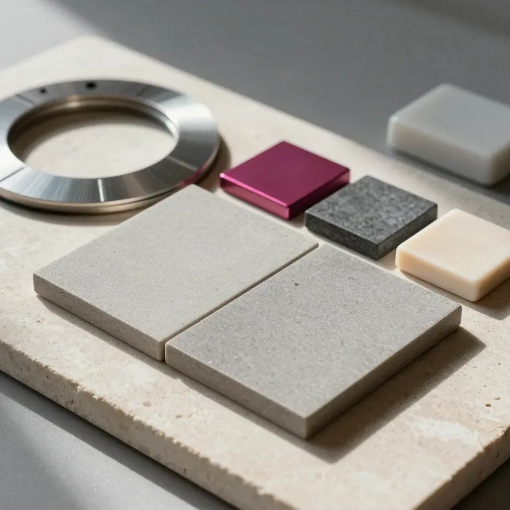 Grey calibration tiles, swatch ring, and ceramic block on stone with a magenta accent.