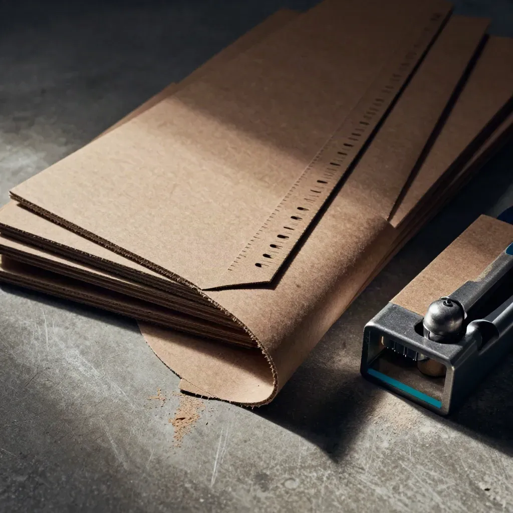 Overhead still life of carton boards, die-cut rule, kraft stack and steel weight on brushed concrete.