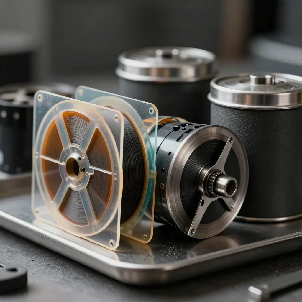 Macro cluster of acetate sleeves, film rolls, archival canisters, and a metal spool core on brushed metal.