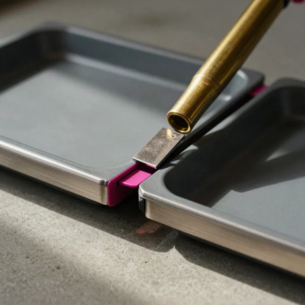 Top-down macro of clip-on production trays, brass marker, steel divider, and magenta tab.