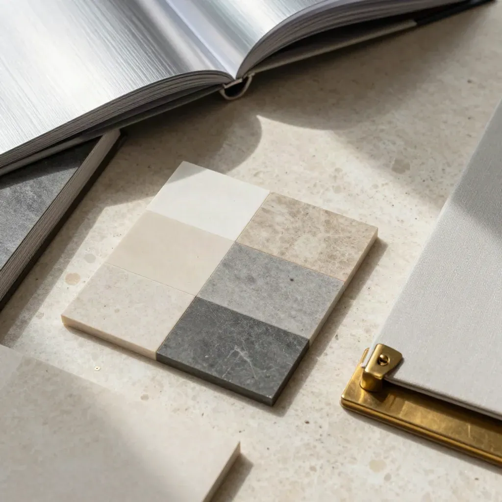 Top-down studio flat lay of aluminum sample books, material chips, folder shell and brass weight on travertine.