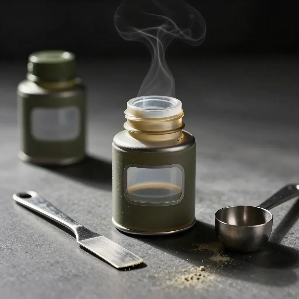 Ink canisters, scoop, and spatula on a graphite workbench in dramatic studio light