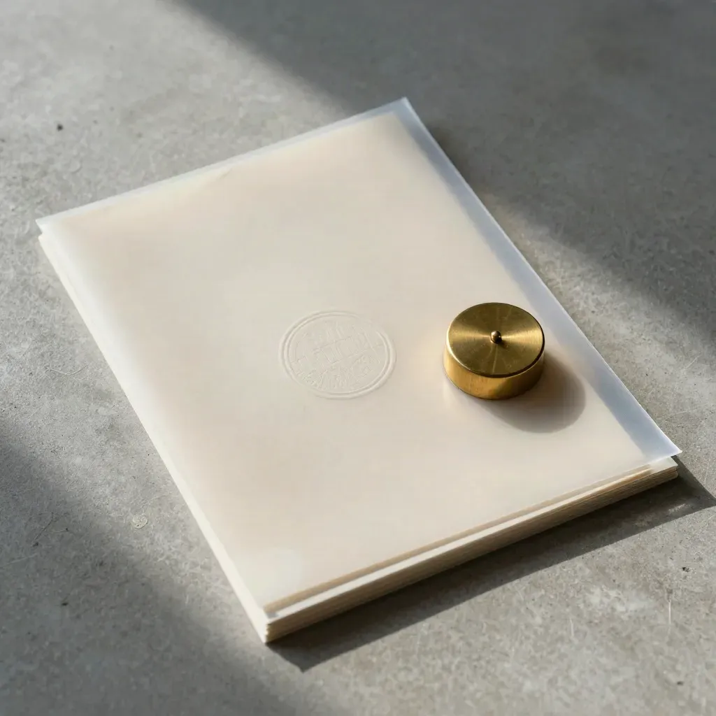 Top-down macro of an acetate proof sleeve, embossed seal, and brass paperweight on cool concrete.