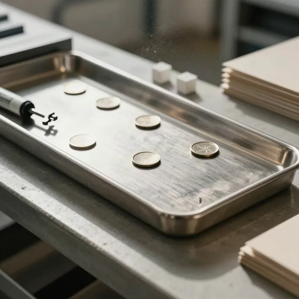 Brushed steel sorter tray with aligned job tokens and a compact marker in a print shop.