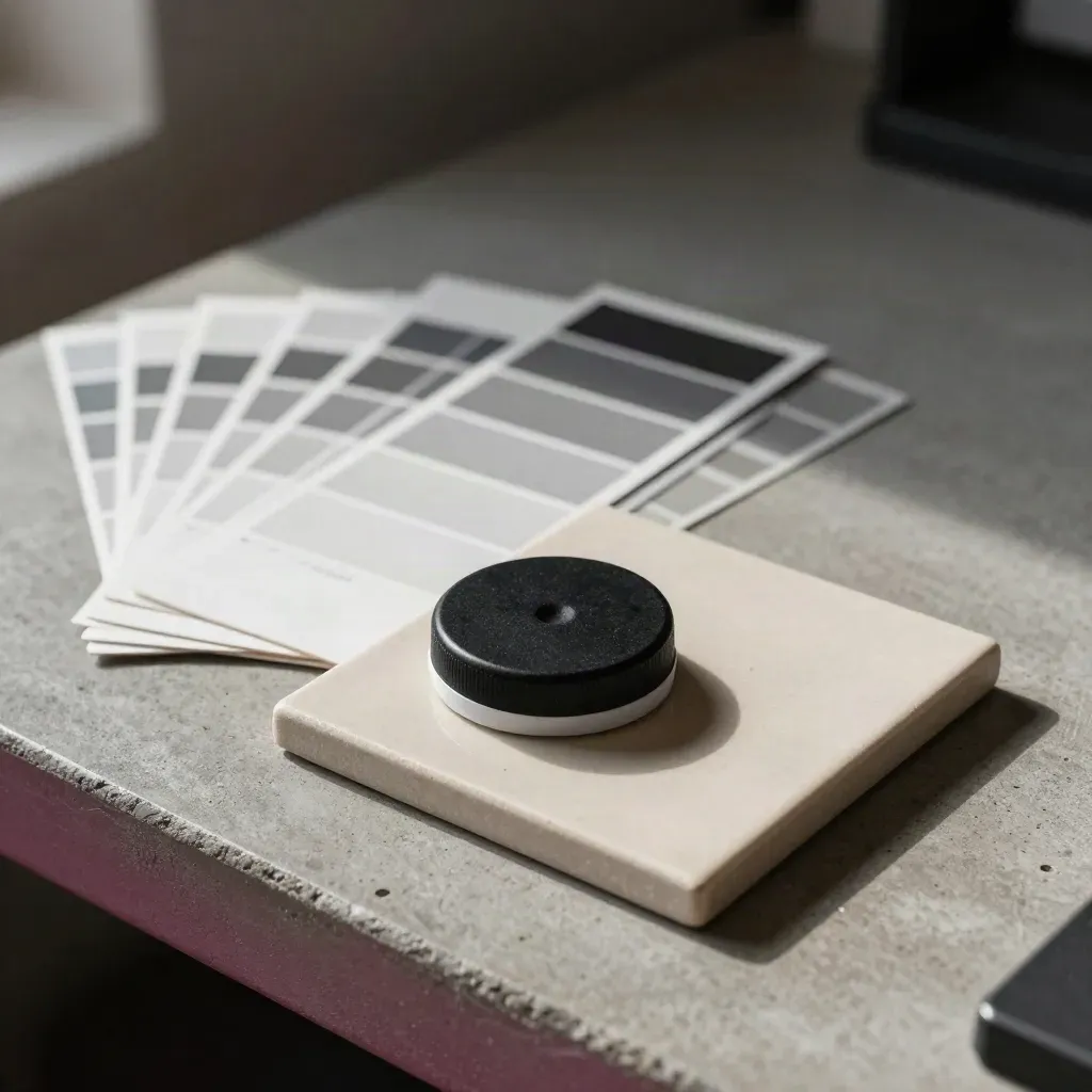 Spectro puck with grey calibration cards and ceramic tiles on a concrete proofing bench.