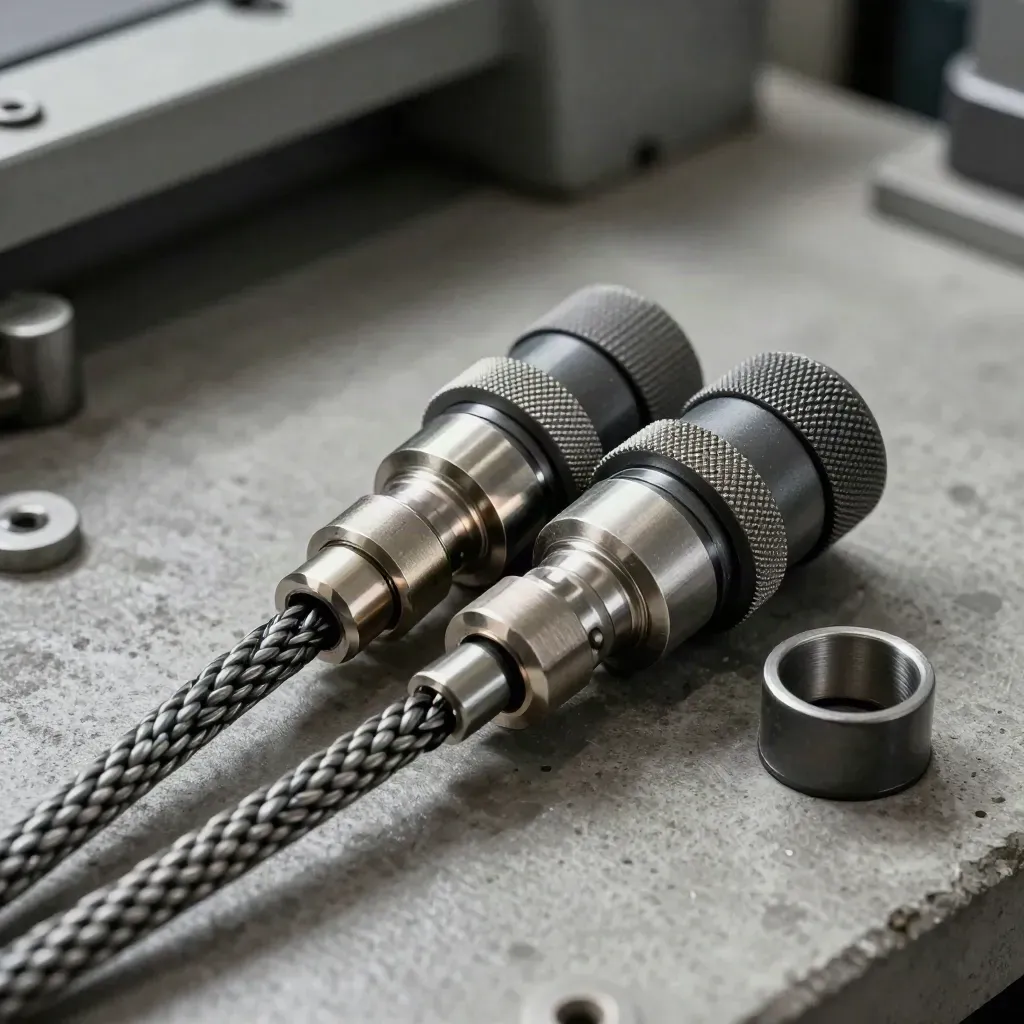 Braided cable couplings and machined adapters on concrete in dramatic side light