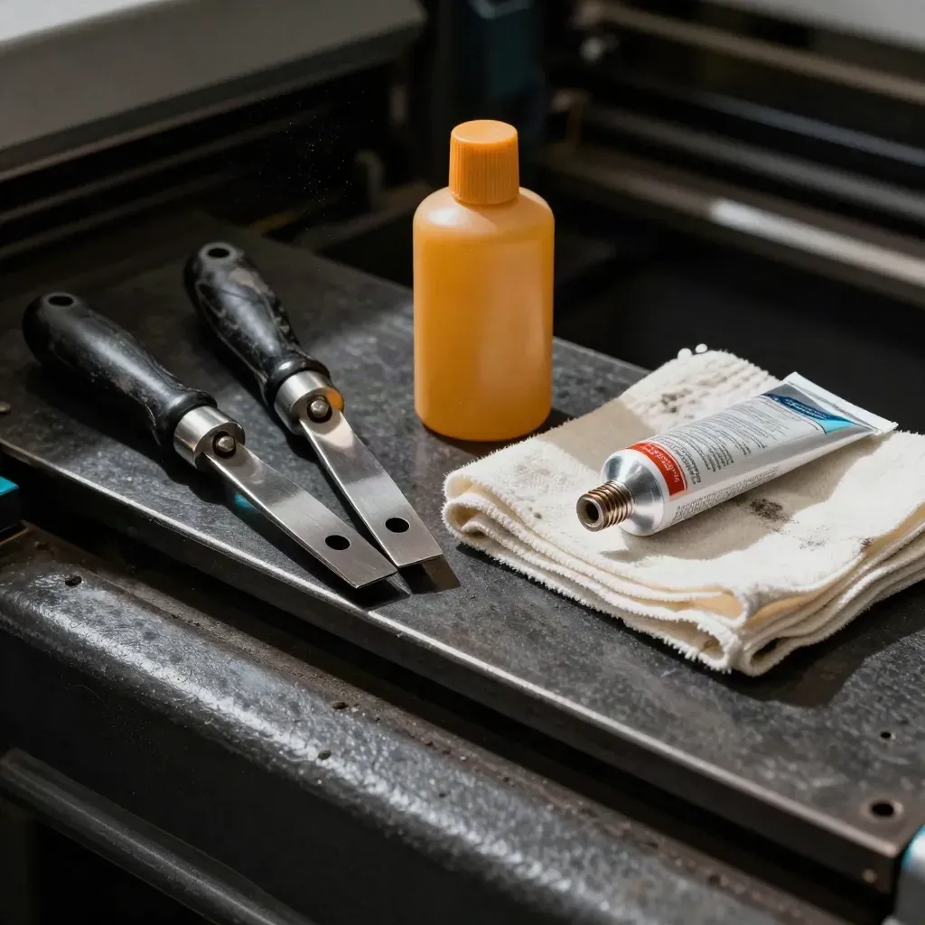 Print shop maintenance tools beside a press frame in dramatic light.