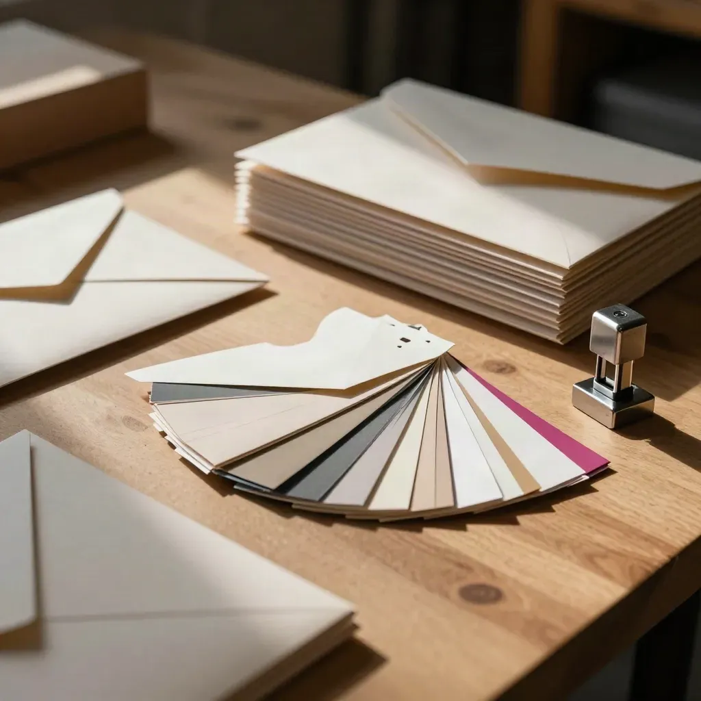 Proof envelopes, swatch ring, sample cartons and seal cutter on an oak bench.