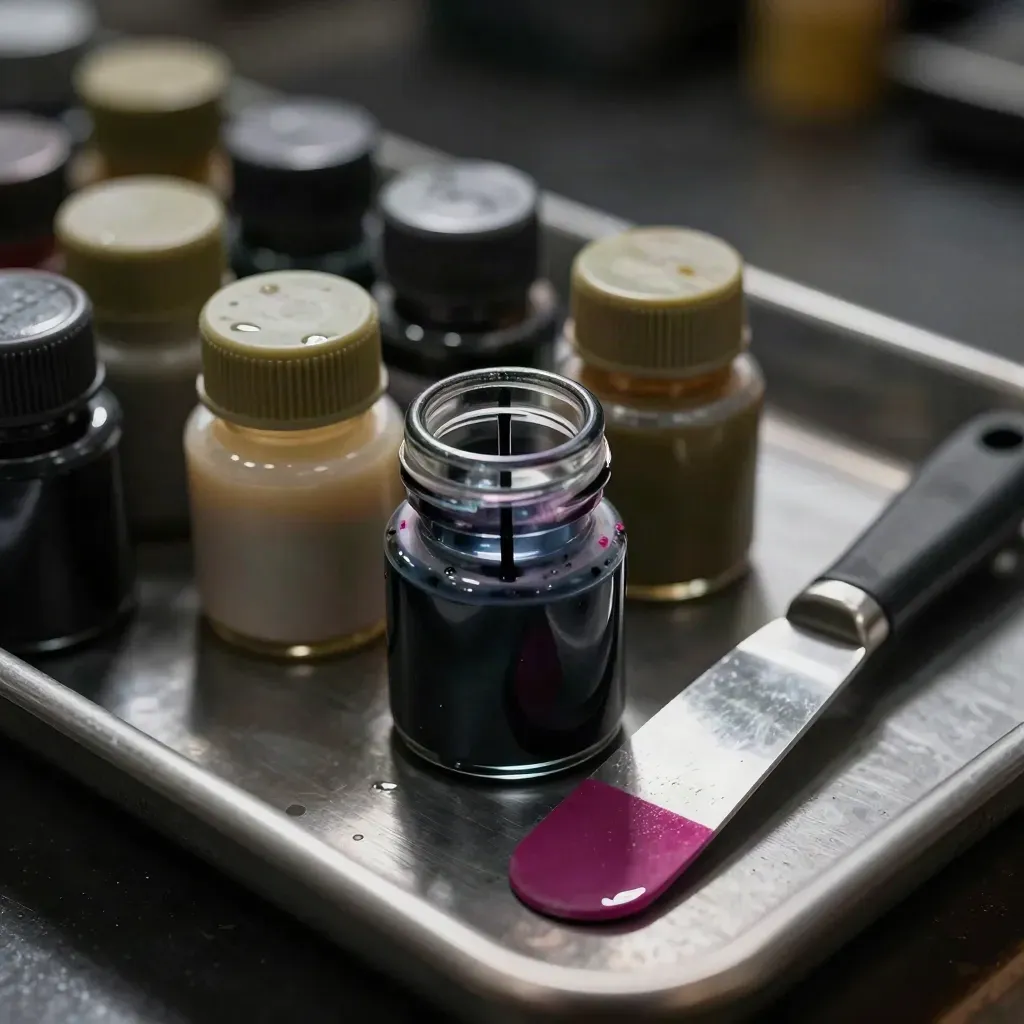 Ink canisters, sight glass, and scraper on a dark print shop tray