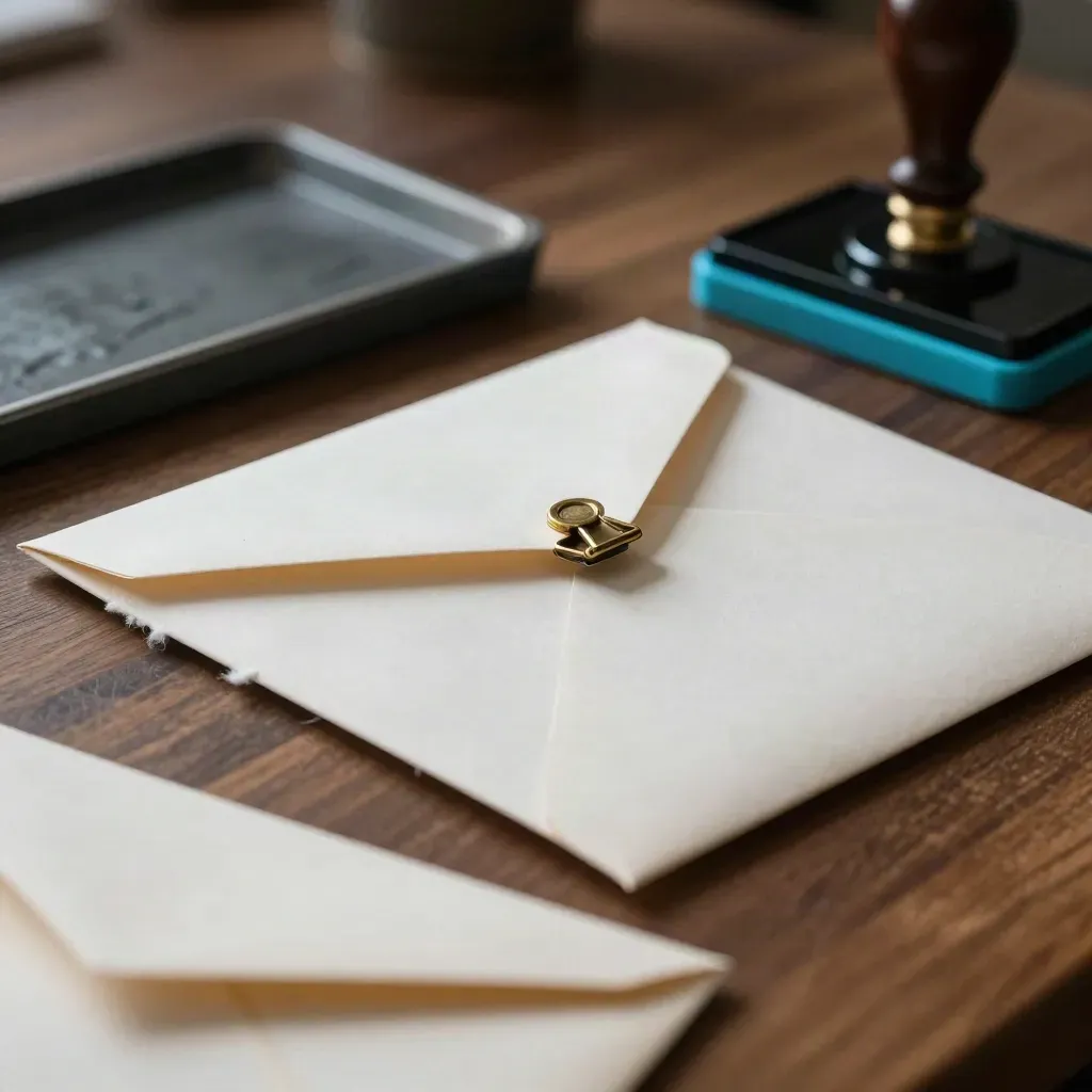 Macro of sealed proof envelopes, brass clip, and ink pad on a walnut bench in dark bokeh