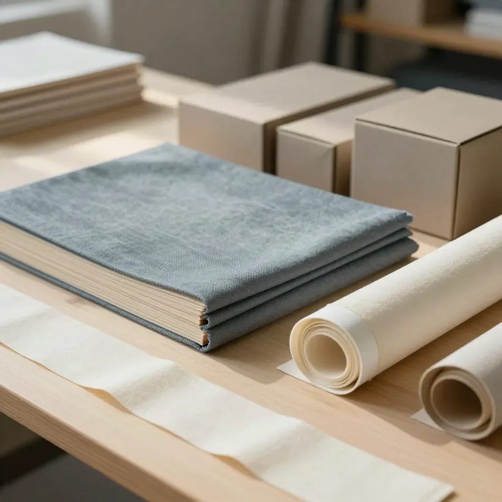 Top-down bindery still life of cloth-bound signatures, book cloth rolls, cradles and archive boxes on pale wood.