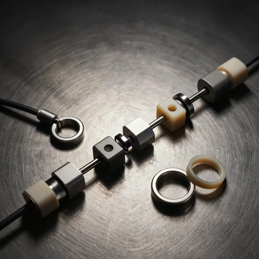 Top-down still life of machined rings, cable couplers, and blocks on brushed metal.