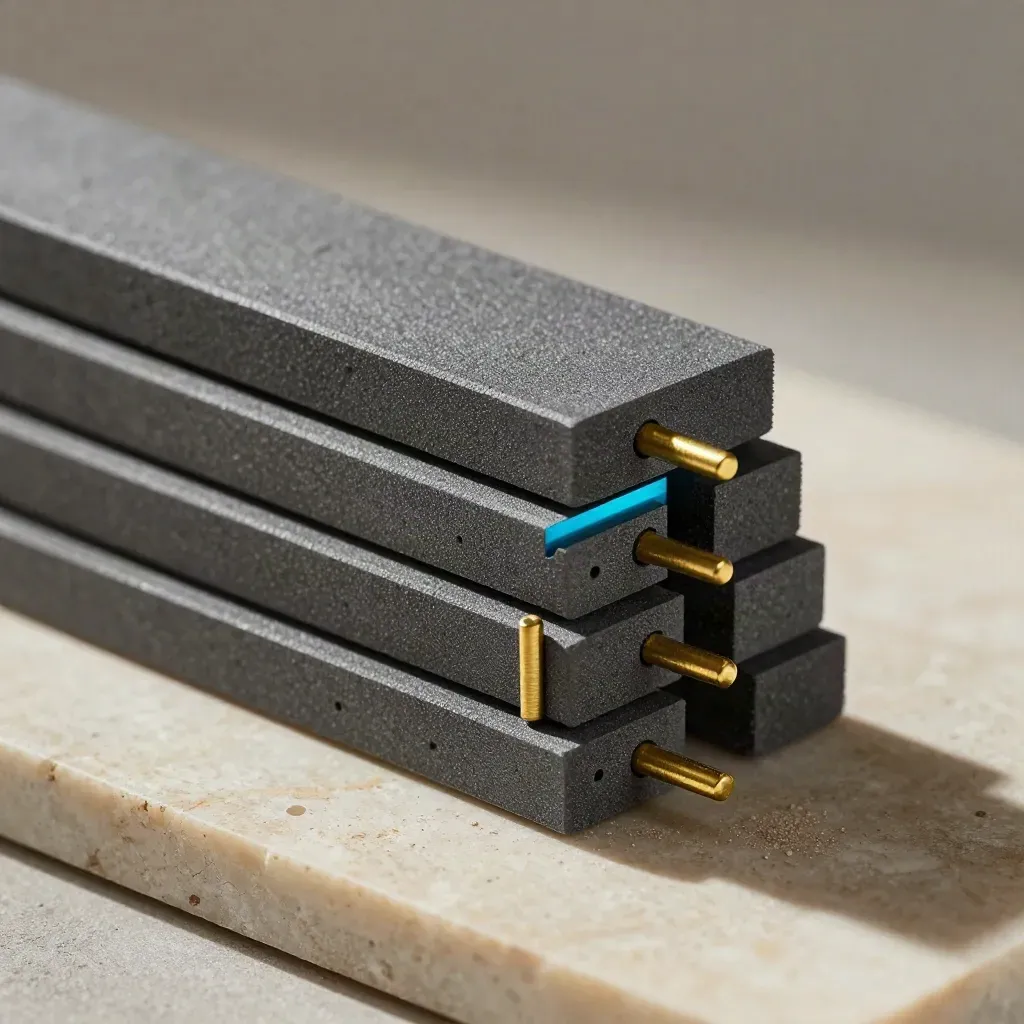 Macro of graphite modular blocks with brass pins on warm stone, cyan accent, soft dust and raking light.