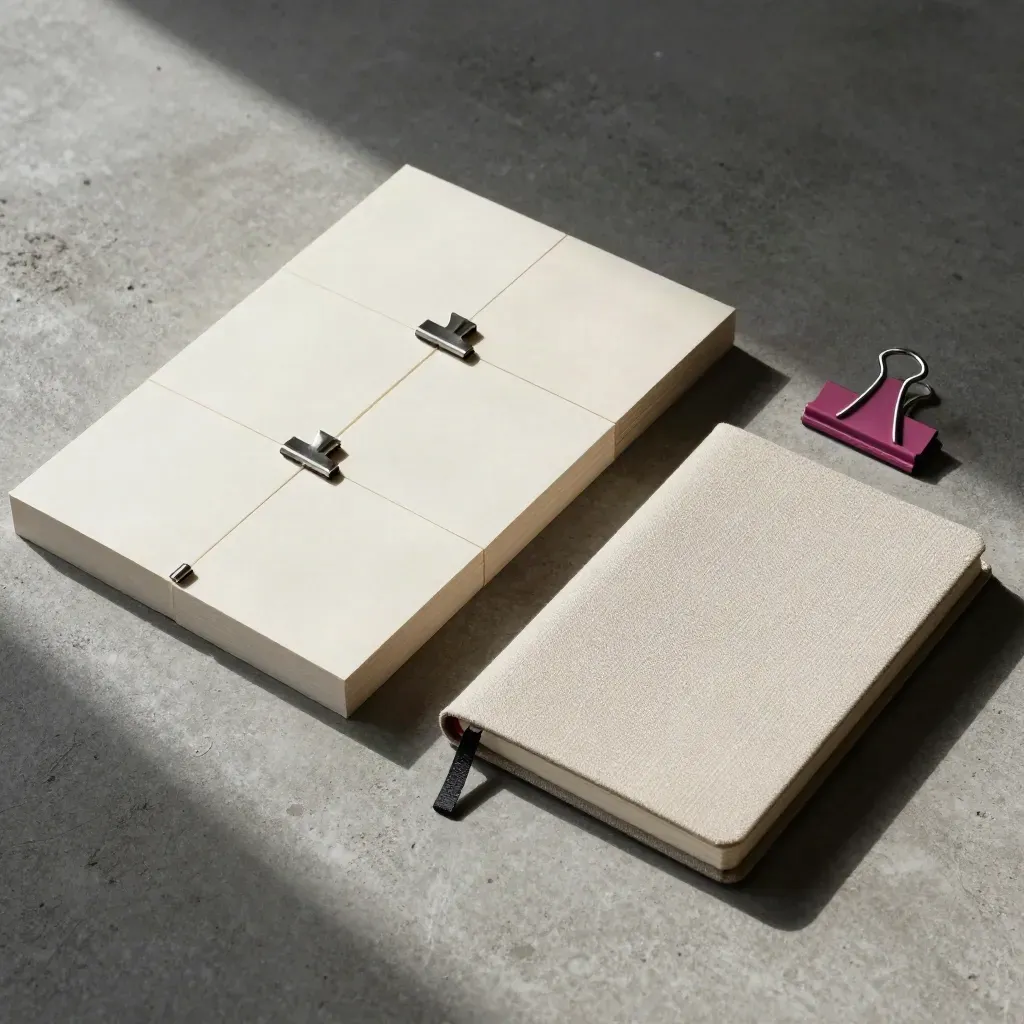 Overhead still life of modular blocks, magnetic clips, and a linen notebook on concrete