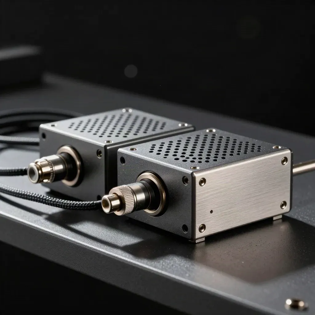 Macro of vented sensor pods, braided patch leads, and a metal grille on a dark service shelf.