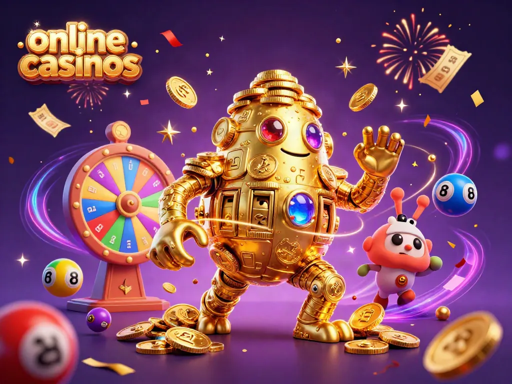 Engaging scene of online casinos featuring a golden golem surrounded by lottery elements, celebrating wins.