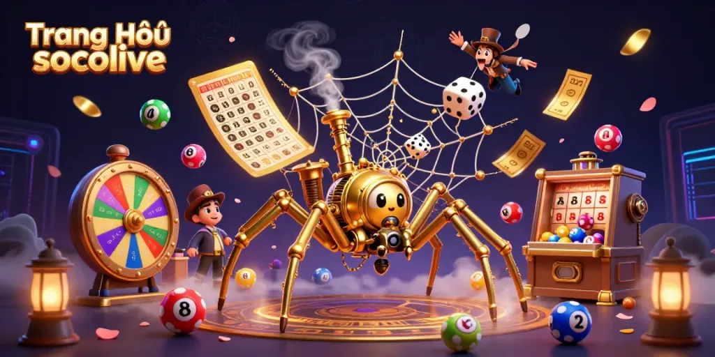 Experience the excitement of Trang Chủ socolive as a fearsome golden spider ensnares dice amidst vibrant lottery elements.