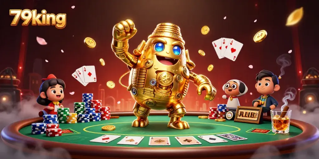 79king showcases a dynamic 3D scene of a golden golem and poker elements, embodying a vibrant casino atmosphere.