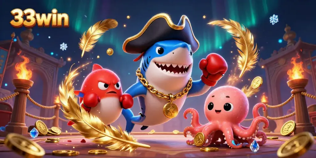 Engaging scene depicting a pirate shark and friends enjoying slots and casino games featuring 33win logo.