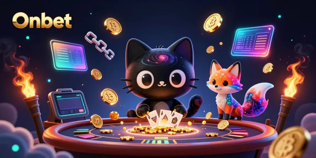 Engage with Onbet's cosmic casino experience featuring a black hole cat and nebula fox amid glowing crypto elements.