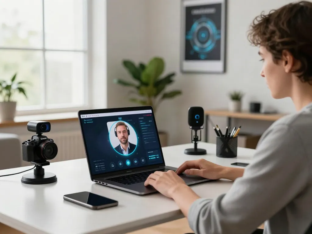 Deepfake protected Online Video Calls in a modern home office, featuring high-tech lights and security software.