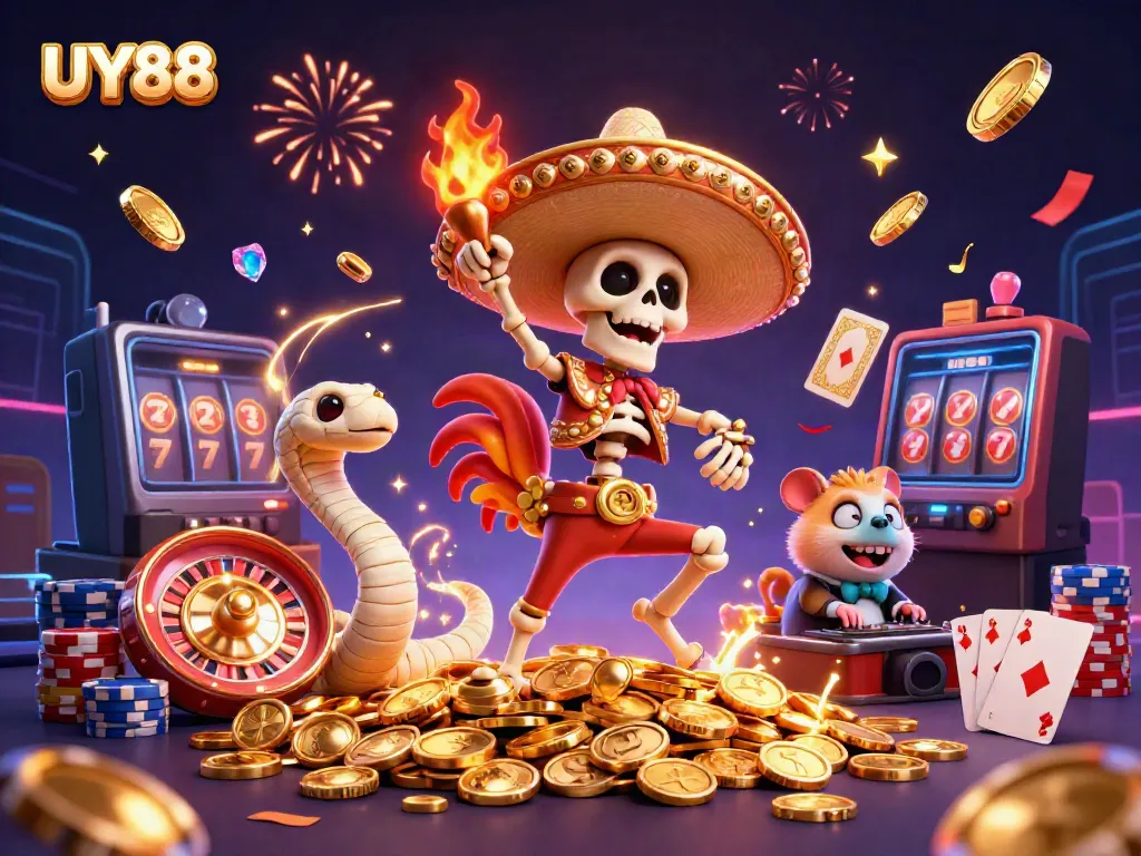 Celebrate wins at UY88 with vibrant casino-themed characters and rich, dynamic elements.