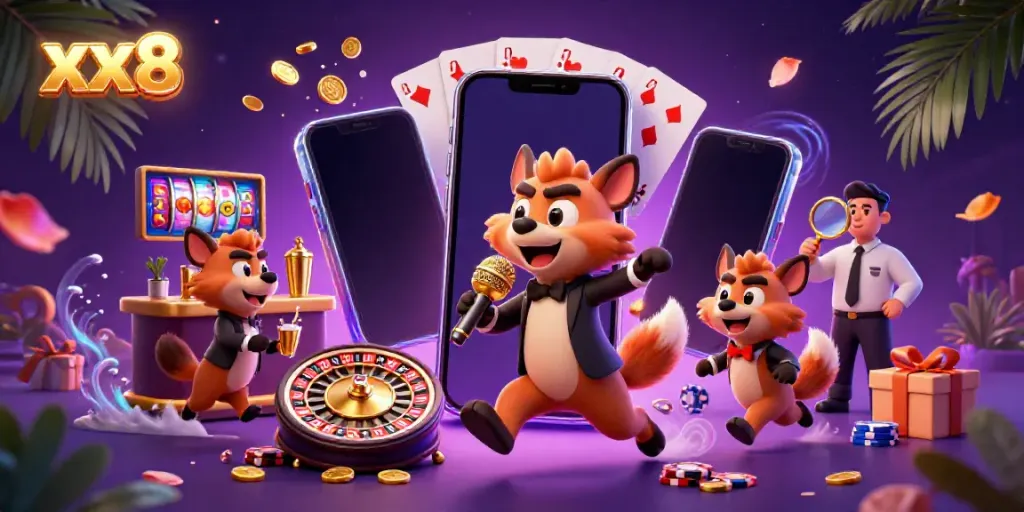 Hyenas animate a comedy casino club while enjoying games at xx8, with vibrant casino elements around.